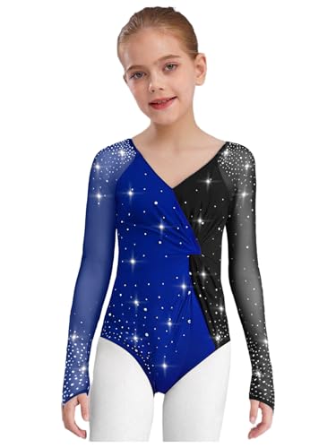 Manyakai Bodies de Ballet Danza Leotardo para Niñas Body Gimnasia Rítmica de Manga Larga con Piedras Brillantes Coloridos Maillot de Baile Competición Azul 9-10 años