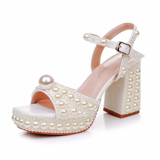 Sandálias femininas de salto bloco de 7,6 cm de salto grosso peep toe sandálias de casamento com pérolas inteiras de renda branca para festa de casamento, aniversário e noite, Bege, 36