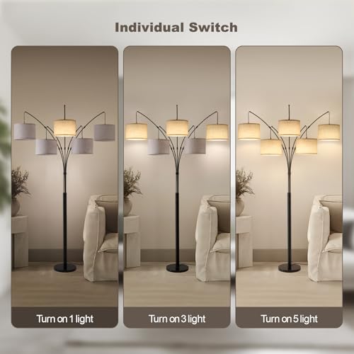 Image of Floor Lamps for Living Room, 4000LM Super Bright Arc Floor Lamp with Remote Control, 5 Light Tall Floor Lamps with Stepless Dimmable, 80 inch Mid Century Tree Floor Lamp for Bedroom, Office