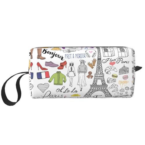 French Paris Tour Eiffel Tower Print Portable Cosmetic Pouch, Travel Storage Case, Zippered Organizer Bag for Quick Access