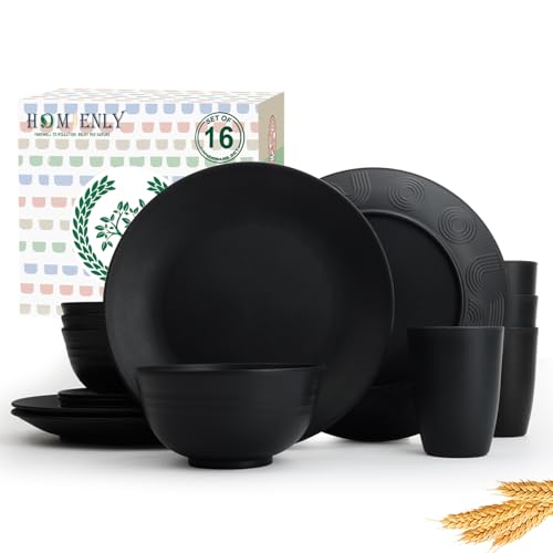 Image of Homienly 16-Piece Wheat Straw Dinnerware Sets, Reusable Unbreakable Plates and Bowls Sets,Cups,Service for 4, Premium Dishwasher and Microwave Safe Dish Sets for Kitchen,Outdoor - Black