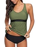 Roskiky Damen Tankini Set mit Runder Ausschnitt Zweiteiliges Badeanzug Beachwear Militärgrün Größe M
