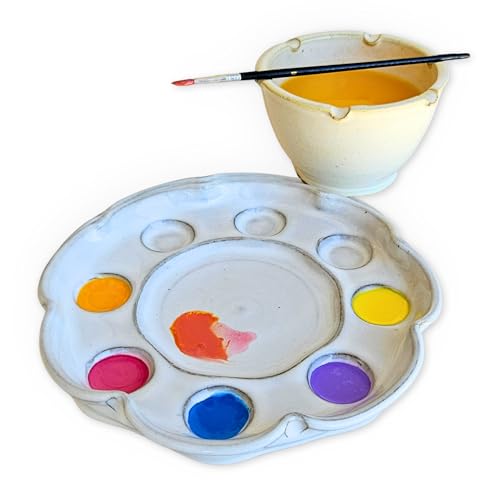 Handmade Ceramic Paint Palette & Rinse Bowl Set - Flower Petal Design - 8...
