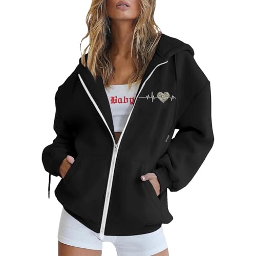 Image of Women's Casual Zip-Up Hoodie with Front Pockets and Adjustable Drawstring, Lightweight Fleece for Daily Wear and Active Lifestyles (Black, M)