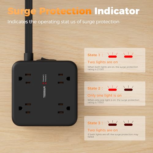 Image of TESSAN Dual Surge Protector Power Strip, 10 Ft Extension Cord Flat Plug
