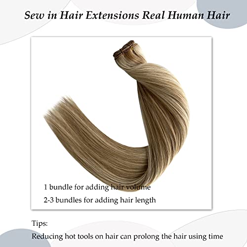 Sew In Hair Extensions Real Human Hair, 22 Inch 120G Weft Hair Extensions Human Hair, Balayage Ash Blonde To Blonde Highlights Hand Tied Weft Hair Extensions Human Hair Bundles Sew In Weft Extensions #TOP4