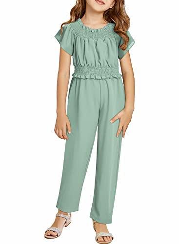 Blibean Girl Summer Clothes Set Ruffle Matching Outfits Tween Kids Short Sleeve Solid Tee Shirts Clothing Tops Pants Size 6-7 Medium Green #TOP18