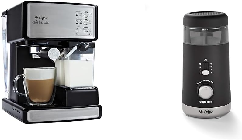 Mr. Coffee Espresso and Cappuccino Machine & Coffee Grinder, Automatic Grinder with 5 Presets, 12 Cup Capacity, Black