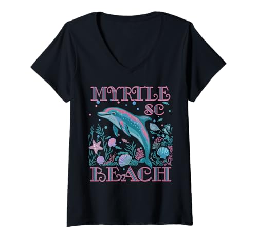 Womens MYRTLE BEACH SC DOLPHIN LOVER COLORFUL BEACH SOUVENIR V-Neck T-Shirt