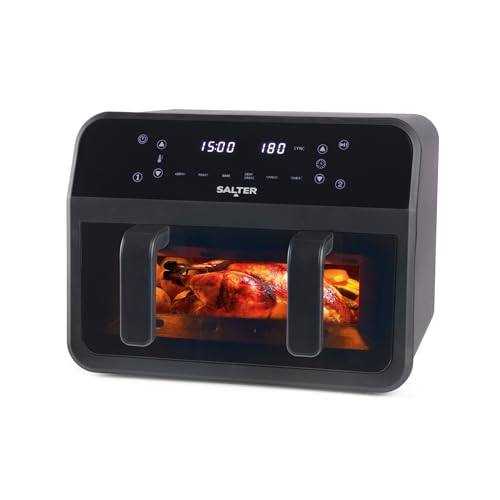 Salter Dual View Friteuse à air – Plaque de cuisson antiadhésive de 7 L avec séparateur amovible, grande capacité familiale, fenêtre de visualisation, numérique à LED, 6 fonctions, 2300 W