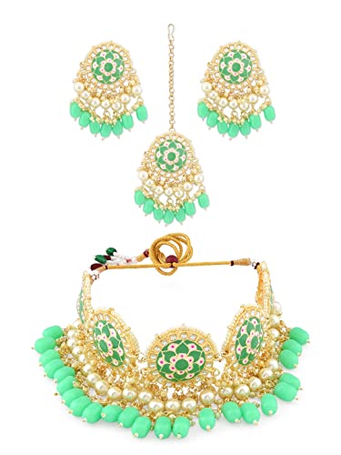 Image of ZAVERI PEARLS Green Meenakari Choker Necklace Earring Maangtikka & Ring Set For Women-ZPFK11606