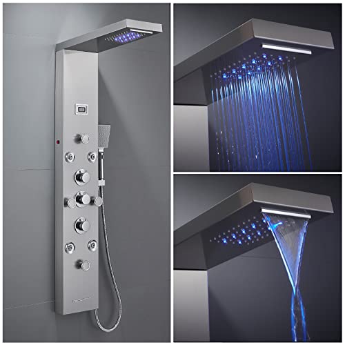 Popfly Led Multi Rainfall Waterfall Shower Panel Tower System,4 Body Jets,4 Mist Spray,3-Function Handheld Shower,Tub Spout,Stainless Steel Shower Tower With Brass Body Valve Kit, Brushed #TOP3