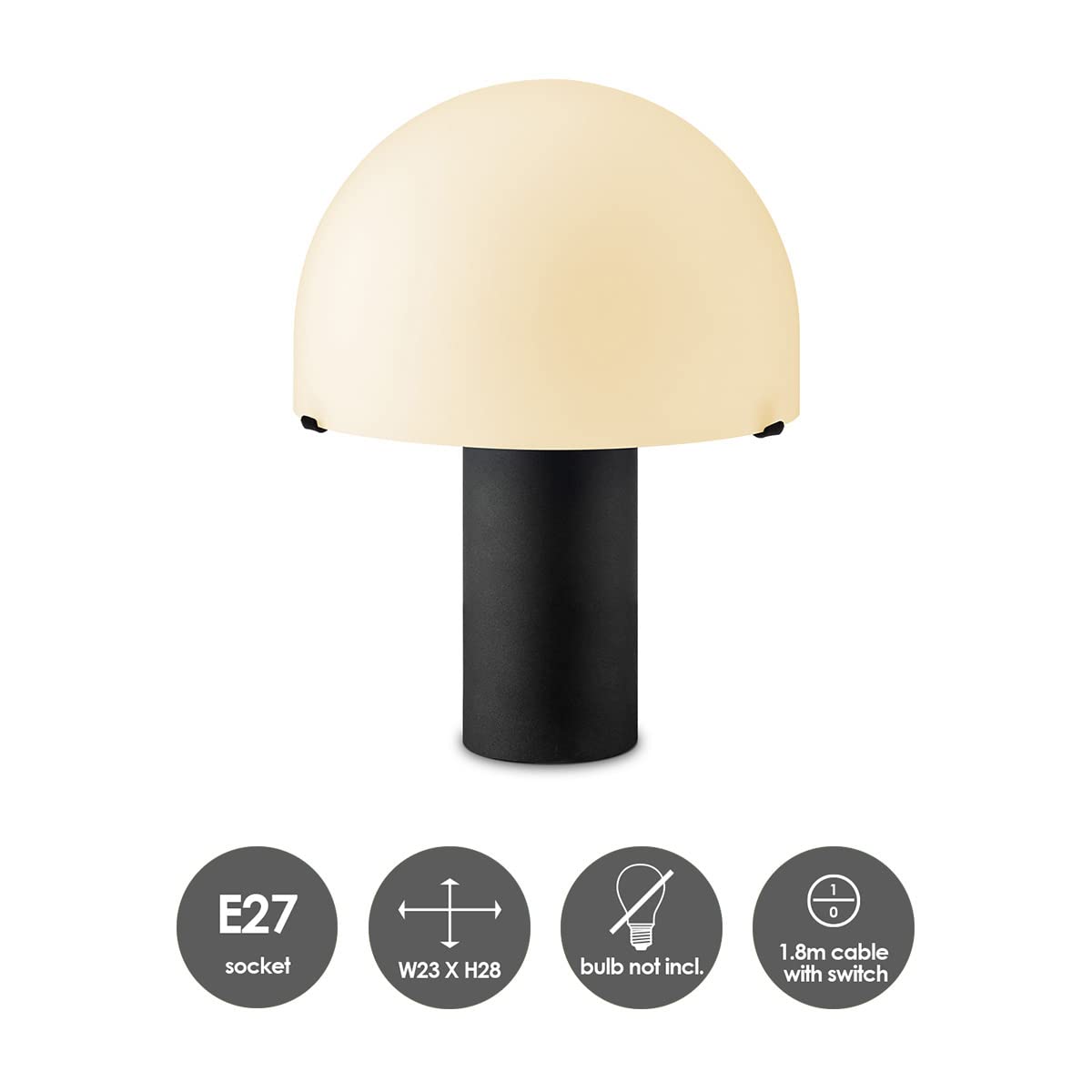 home sweet home collection Moderner Tischlampe Mushroom | 23/23/28cm | Schwarz | Nachttischlampe | Glas und Metall | für E27 LED-Lichtquelle | mit Kabelschalter | geeignet für Wohnzimmer und