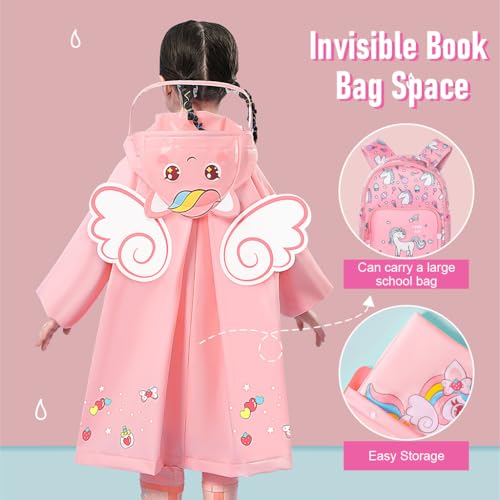 Image of SNOWIE SOFT Hooded Raincoat for Kids Wide Brim Raincoat for Kids 3-8 Years EVA Student Kids Rain Coat for Girls with School Bag Rain Cover Unicorn Print Recommended Height 80-125CM