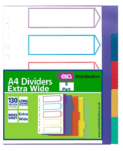 A4 File Dividers Plastic Coloured Tabs Subject Filing Numbered A-Z Extra Wide (5 Part A4 Dividers Extra Wide)