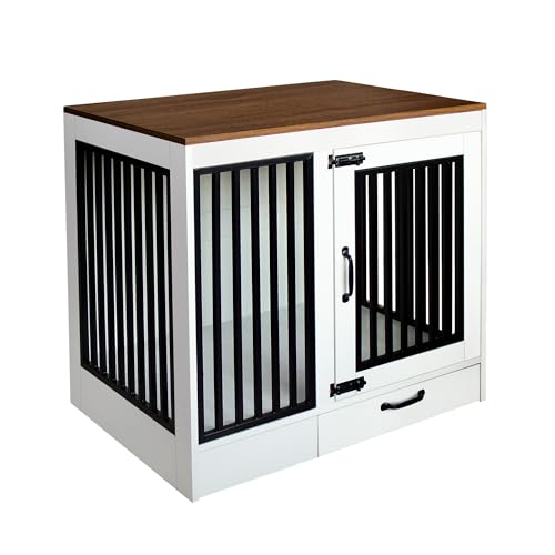 White Heavy Duty Furniture Dog Crate Wood and Metal Cage Kennel Double Doors End Table with Drawer and Pull Out Trays Dog Home for Indoor use Medium Size