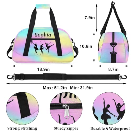 Personalized Dance Bag Girl Sport Duffel Bag, Custom Kids Gym Bag, Customize Travel Duffle Bag with Name, Overnight Weekender Bags,Pink Blue Rainbow, Dance Gifts2