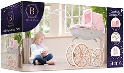 Bella Rosa Cambridge Carriage Pram | Pink Traditional Carriage Pram Dolls Pram Rose Gold Wheels | Kids Travel System With Matching Pillow And Blanket | Pushchair & Pram Toys For Kids Aged 3+
