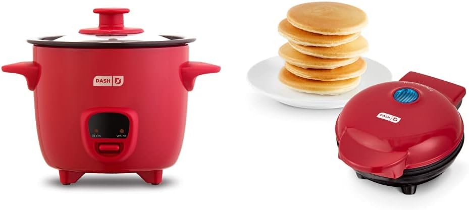 Dash DRCM200GBRD04 Mini Rice Cooker Steamer, Red & DMS001RD Mini Maker Electric Round Griddle for Individual Pancakes, Cookies, Eggs & other on the go Breakfast, Lunch & Snacks, Red