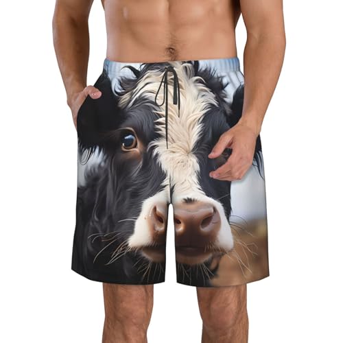 GUHAOT Pantalones cortos de playa de secado rápido para hombre, con estampado de vaca, pantalones cortos elásticos casuales, traje de baño ligero, blanco, M