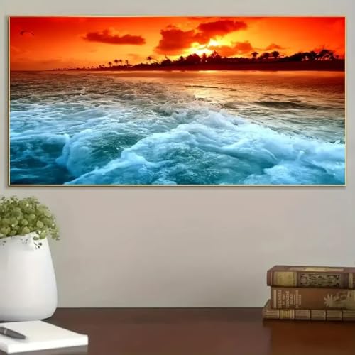 Art moderne coucher de soleil sur mer sans cadre format panoramique 40x80cm