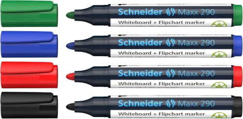 Schneider 129094 Maxx 290 Whiteboard Marker, 4er-Set, schwarz, rot, blau, grün