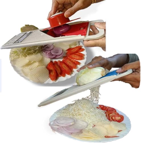 Image of Multipurpose Vegetable Slicer, Chopper & Chips Maker | Manual Food Cutter | Kitchen Tool for Fruits & Vegetables | Durable Plastic & Stainless Steel Blades