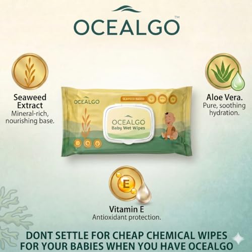 Image of Seaweed Baby Wipes (6pk) | 99% Pure Water, Aloe Vera & Vitamin E | Gentle for Face & Body | Hydrating, Alcohol-Free & Dermatologically Tested | Extra Smooth Design for Newborn Skin | 72 wipes