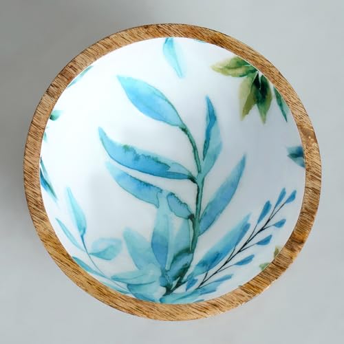 Image of SAAGA Mango Wood Nuts Bowl Set of 2-6 x 3 Inch Decorative Wooden Snack & Dry Fruit Bowls | Soup Serving Katori for Kitchen & Dining - White & Aquamarine