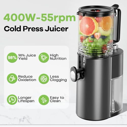 Image of EanOruus Cold Press Juicer, 5.8 inch Wide Feed Chute Juice Extractor Machine with 400W, High Juice Yield, Slow Masticating Juicer for Whole Vegetables & Fruits, Black Gray