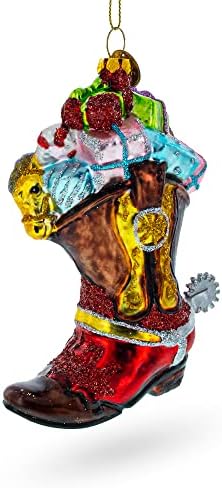 Western Cowboy Boot with Gifts Glass Christmas Ornament - Image 5