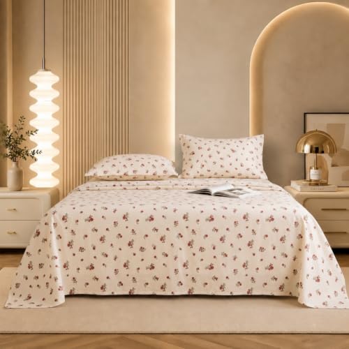 Image of Marrow Lane 300 TC Soft Air Cotton Double Bedsheet | Rose Posy | Flatsheet with 2 Pillow Covers | Ditsy Rosebud Print (228.6 x 254 cm, Ivory & Red)