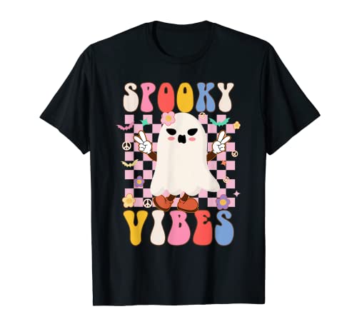 Spooky Vibes Spooky Ghost Rétro Hippie Halloween Carreaux T-Shirt