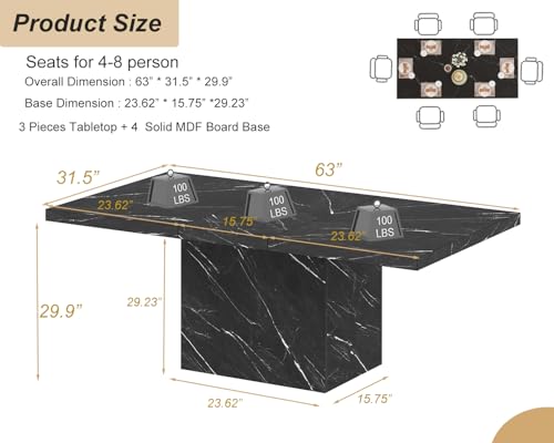Image of HSH 63 inch Black Faux Marble Dining Table for 6, Rectanguler Dining Room Table | Modern Kitchen Table with a Heavy-Duty Pedestal Base, Seats 6, Ideal For Meals, Work and Gatherings, Table Only