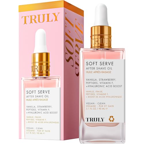 Truly Beauty Soft Serve After Shave Oil | Hydrating Treatment for Ingrowns & Irritation | Peptides Hyaluronic Acid & Strawberry Extract | Soothes & Smooths Skin | Strawberry Vanilla Scent (3.1 Fl Oz)