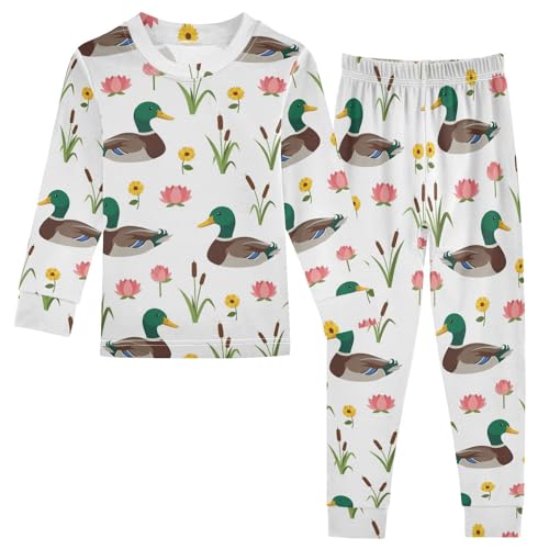 Pajama Sets Long Sleeve Duck Floral Leaves Pattern Soft Comfy Sleepwear 2 Piece PJS 3-8T