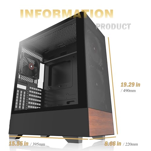 PCZZOI PC CASE ATX 3 Case Fans Pre-Installed, Mid Tower Computer Case with Tempered Glass, Printed Walnut Wood Panels,Support 360mm Radiator,Black Gaming Desktop Case (H3) - Image 8