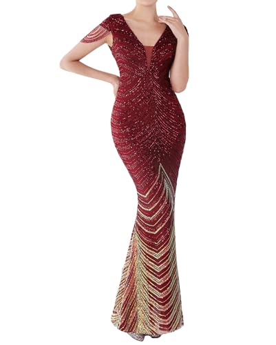 Image of houstil Formal Dresses for Women Sequin 1920s Full Length Evening Party Gown Great Gatsby Cocktail Wedding Dress