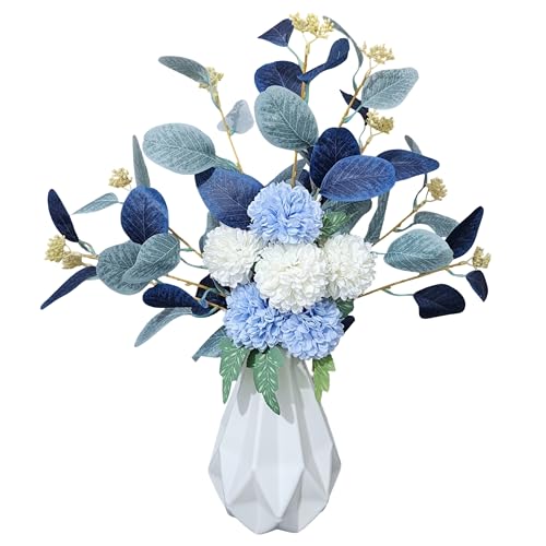 Image of Combo Set of Modern Geometric Vase and Premium Handmade Realistic Artificial Flower Bouquet for Living Room, Bedroom, Office & Gifting (White & Blue)