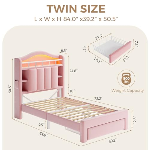 Image of Pink Twin Size LED Bed Frame with Storage Headboard, Upholstered Velvet Princess Bed for Girls with 5 Charging Ports (USB-C & AC), Hidden Privacy Compartment, Sturdy Aluminum Frame & 1 Silent Drawers