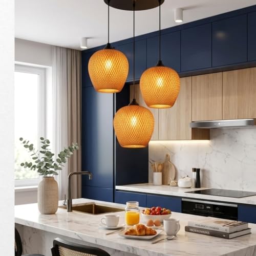 Image of Boho Set of 3-Heads of Tapered Drum Pendant Lights|Wooden Woven Cluster Hanging Lamp for Dining Table, Cafe & Living Room Decor