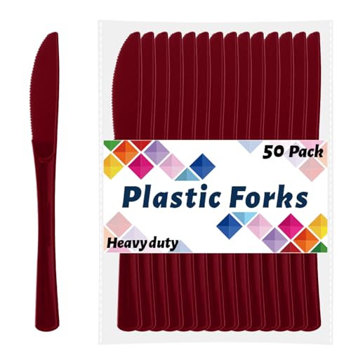 CXPSINC Burgundy Plastic Knives Disposable, 50 Count - 7.75 Inch Heavy Duty Disposable Cutlery Utensils BPA-Free Solid for Party, Picnic, Catering, Daily Use & More (Burgundy)