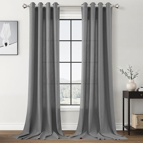 Image of Blazer Grey Linen Curtains 102 Inches Length for Living Room Extra Long Light Filtering Privacy Sheer Drapes Modern Elegant Cotton Textured Grommet Gauze Window Curtain for Bedroom Dining Room 52x102