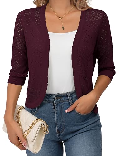 Image of REDHOTYPE Women's 3 /4 Sleeve Cardigan Open Front Cropped Shrugs Summer Hollowed Lightweight Cardigans Sweater (S-XL)