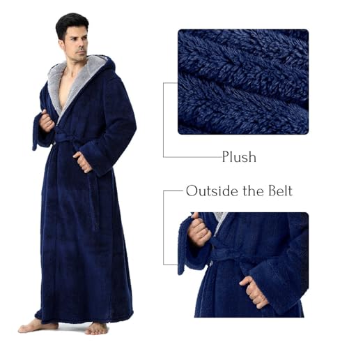 Men's Plush Hooded Robe with Pockets - Long Fleece Bathrobe, Warm Winter Shawl Collar Housecoat, Sizes M-XXL, Navy Blue4