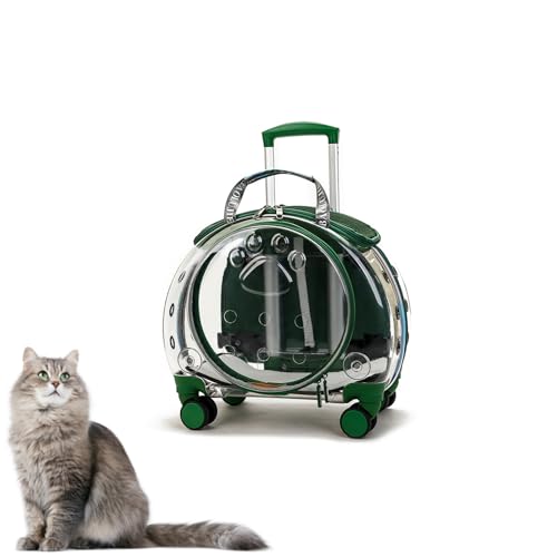 CASOME Trasportino per Gatti con Ruote – Zaino Trolley Rigido Trasparente e Traspirante per Gatti e Cani Fino a 10 kg, Ruote Silenziose a 360°, Spallacci Rimovibili e Schienale Ventilato(Green)