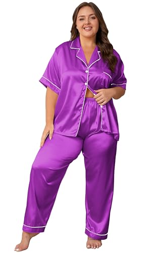 Image of Vozanet Women's Button Down Satin Pajama Sets Silky Short Sleeve Top & Pants Plus Size Loungewear Classic Sleepwear XL to 5XL