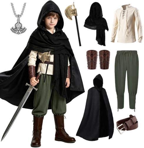 Image of 8 Pcs Medieval Costume for Boys Renaissance Viking Pirate Tunic Outfit for Kids