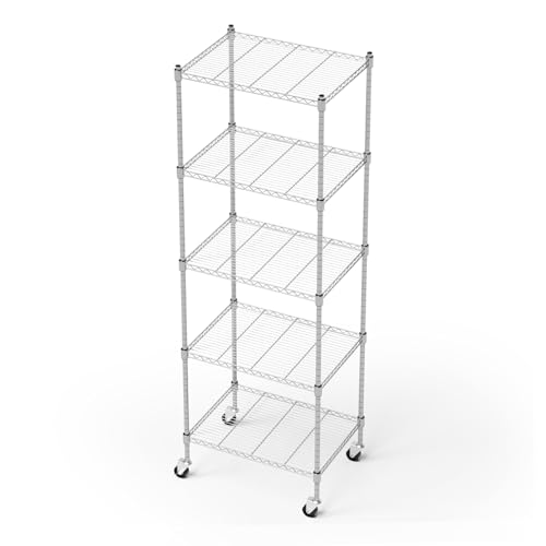 Image of Garage Shelving with Wheels, 5 Tier Shelving Unit and Adjustable Feet, 865 lb High Capacity Rolling Storage Shelf for Kitchen, Office, Dining Room, Garage(23.6 inchx 17.7 inchx 72 inch), Chrome