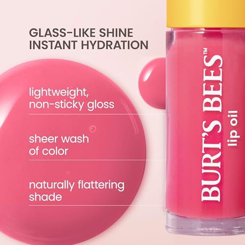 Image of Burt's Bees Lip Oil Pink Sky, Instant Hydration, Nourishes and Softens Lips, Sheer Wash of Color, High Shine Finish, Responsibly Sourced Jojoba Oil, Non Sticky, Wand Applicator, 0.15 Ounce